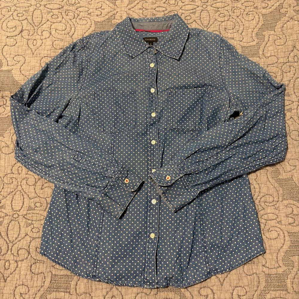 Talbots Chambray Denim Polka Dot Button Up Down Shirt Top 100% Cotton